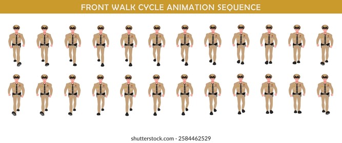 Police Officer Character walk cycle animation sequence. Front walk frame by frame animation sprite sheet.