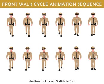 Police Officer Character walk cycle animation sequence. Front walk frame by frame animation sprite sheet.