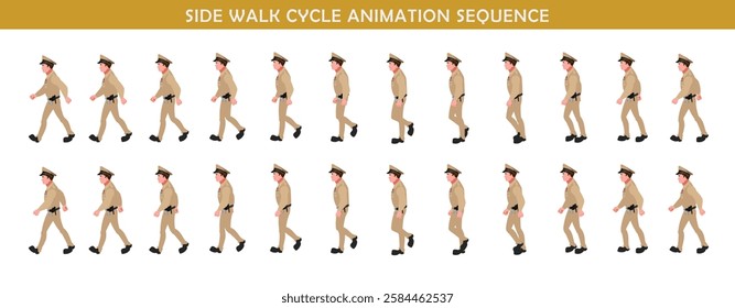 Police Officer Character walk cycle animation sequence. side walk frame by frame animation sprite sheet.