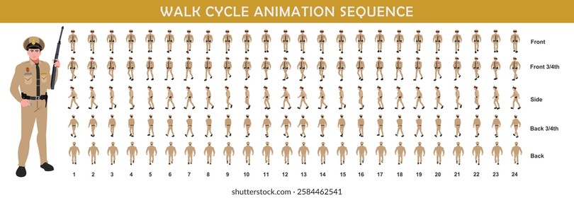 Police Officer Character walk cycle animation sequence. Front,side, back walk frame by frame animation sprite sheet.