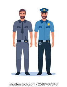 Police officer characters in gray and blue uniform standing in front view. Profession people concept. Job at police station. Policeman character.