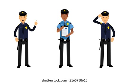 Police officer characters set. Policeman in blue uniform at work cartoon vector illustration