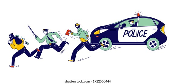 Police Officer Characters At Work Catching Up Pickpocket Thief And Robber In Mask To Arrest. Policemen Pursuit On Duty, City Patrol Constables Fight With Criminals. Linear People Vector Illustration