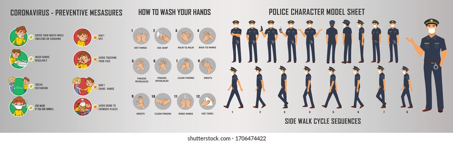 Police officer charater model sheet and walk cycle animation sequence for infographics New coorna virus Symptoms of preventive measures