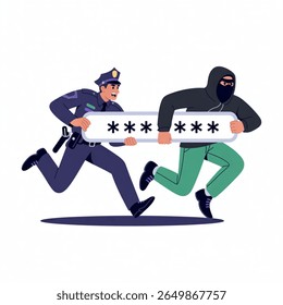 A police officer chases a thief who is carrying a password, depicting cybercrime and data protection issues with security systems.