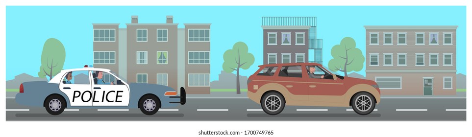 A police officer is chasing a suspect in a car. Vector illustration. Flat style design.