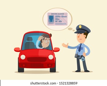 Police officer checking driver license. Policeman requires a driver's license.
Car driver confused. Vector illustration, flat cartoon style. Isolated background.