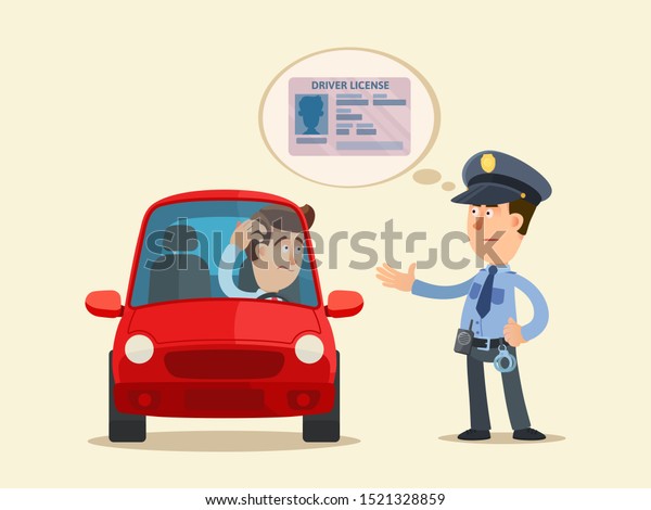 Police officer checking\
driver license. Policeman requires a driver\'s license.\
Car driver\
confused. Vector illustration, flat cartoon style. Isolated\
background.