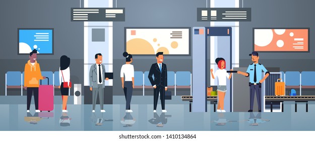 police officer checking passengers and luggage at metal detector x-ray gate full body scanner airport security check concept department terminal interior flat horizontal