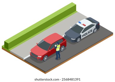 A police officer checks a red car near a green roadside area. The police vehicle is parked behind on a paved road. Isometric vector representation