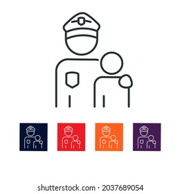 Police Officer With Child Thin Line Icon Stock Illustration. The Icon Is Associated With A Police Officer His Arm On The Shoulder Of A Child. 