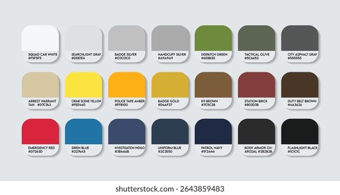 Police Officer Color Palette, Police Officer Color Guide Palette with Color Names. Catalog Samples of Police Officer with RGB HEX codes and Names. Police Colors Palette, Fashion Trend Color Palette