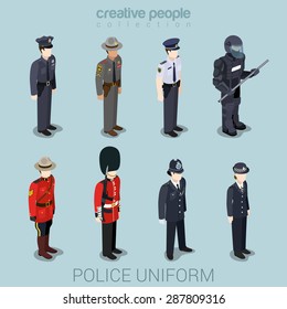 Police officer commander patrol SWAT people in uniform flat isometric 3d game avatar user profile icon vector illustration set. Creative people collection. Build your own world.