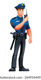 Police officer communicating with walkie-talkie. Vector cartoon character illustration