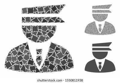 Police officer composition of joggly pieces in different sizes and color tinges, based on police officer icon. Vector rugged items are united into collage.