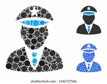 Police officer composition of round dots in various sizes and color tinges, based on police officer icon. Vector round elements are organized into blue composition.