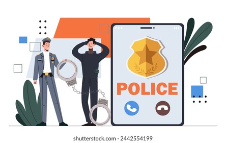 Police officer concept. Man with crime near smartphone and handcuffs. Golden badge with star. Guard and policeman with criminal. Cartoon flat vector illustration isolated on white background