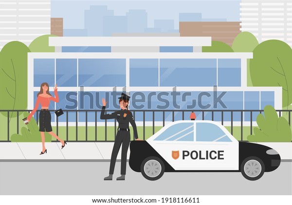 Police officer cop on city street urban scene\
vector illustration. Cartoon woman police worker character in\
uniform waving to walking pedestrian girl, standing in front of\
patrol police car\
background