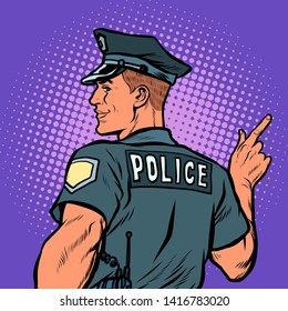 police officer cop points directions. Pop art retro vector illustration kitsch vintage