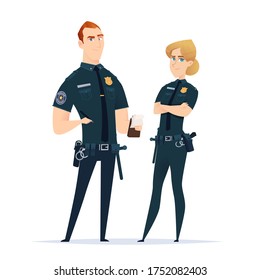 Police officer couple in the uniform standing. Police characters. Public safety officers. Guardians of law and order