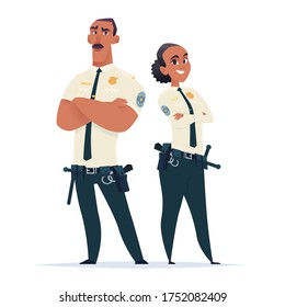 Police officer couple in the uniform standing. Police characters. Public safety officers. Guardians of law and order