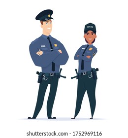 Police officer couple in the uniform standing. Police characters. Public safety officers. Guardians of law and order