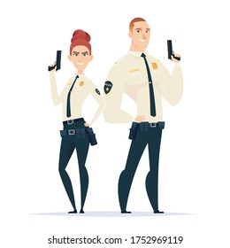 Police officer couple in the uniform standing. Police characters. Public safety officers. Guardians of law and order