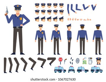 Police officer creation kit. Create your own pose, action, animation. Various emotions, gestures, design elements. Flat design vector illustration