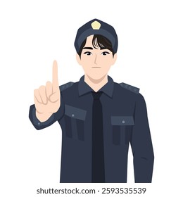 Police officer in a dark uniform and cap raises his index finger. Warning an important point. Flat Vector character illustration