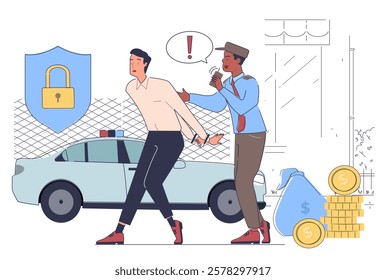 Police officer detaining a suspect in handcuffs near a car, with money bags and coins symbolizing crime. Flat vector design, white background, law concept. Vector illustration.