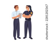 Police officer and detective agent communication. Investigator from FBI talking, speaking with policewoman, cop partner, work together. Flat graphic vector illustration isolated on white background