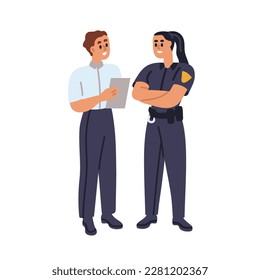 Police officer and detective agent communication. Investigator from FBI talking, speaking with policewoman, cop partner, work together. Flat graphic vector illustration isolated on white background