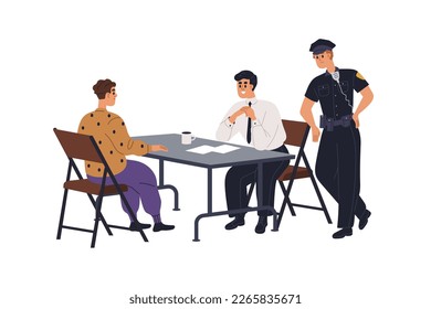 Police officer, detective and criminal during interrogation, sitting at table. Cops, policeman interrogating suspect detainee in office. Flat vector illustration isolated on white background