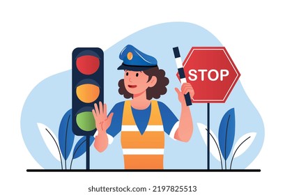 Police officer detective. Girl with traffic cops stick near traffic light. Regulation, character monitors compliance with rules. Law, security and protection. Cartoon flat vector illustration