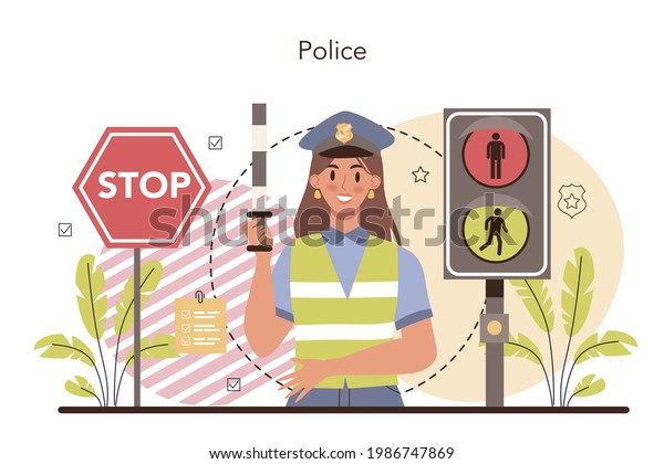 Police officer. Detective making\
interrogation. Policeman patrol the city managing the traffic. 911\
service community policing. Isolated flat vector\
illustration