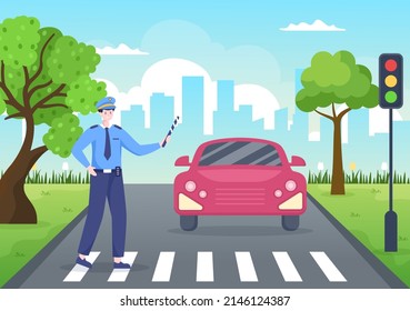 Police Officer Directing Traffic on the Road Vector Illustration with Standing and Wearing Uniform with Equipment Flat Cartoon Style
