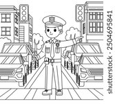 Police Officer Directing Traffic Outline Coloring Page. Labor Day Hand Drawn Clip art