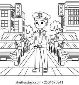 Police Officer Directing Traffic Outline Coloring Page. Labor Day Hand Drawn Clip art