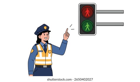 Police officer directs traffic with signal lights and pedestrian crossing indicators