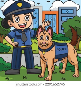 Caricatura de color de oficial de policía y perro de policía