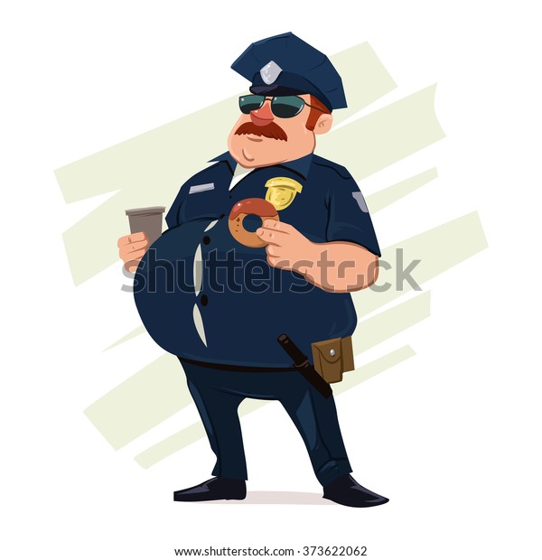 police officer with donuts and coffee, fat policeman, cartoon character, vector illustration isolated on background