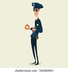 police officer with donuts and coffee, policeman, cartoon character, vector illustration isolated on background