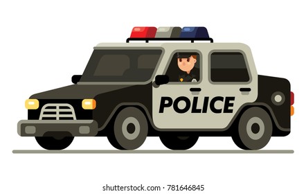 police officer driving apolice car in modern flat style vector illustration