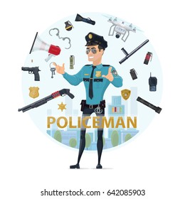 Police officer elements round concept with pistol shotgun grenades baton speaker radio badges handcuff flashlights quadrocopter isolated vector illustration