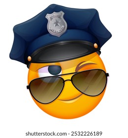 Emoji de oficial de policía sobre fondo blanco. Emoticon con sombrero de policía y gafas de sol. Lindo emoticono.