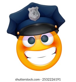 Emoji de oficial de policía sobre fondo blanco. Emoticono con sombrero de policía. Lindo emoticono.