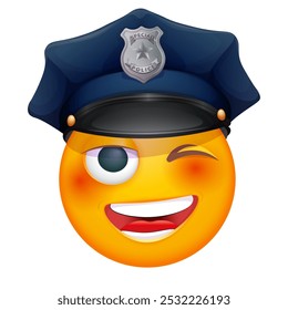 Emoji de oficial de policía sobre fondo blanco. Emoticono con sombrero de policía. Lindo emoticono.