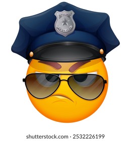 Emoji de oficial de policía sobre fondo blanco. Emoticon con sombrero de policía y gafas de sol. Lindo emoticono.