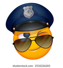 Emoji de oficial de policía sobre fondo blanco. Emoticon con sombrero de policía y gafas de sol. Lindo emoticono.