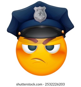 Policial emoji no fundo branco. Emoticon com chapéu policial. Emoticon bonito.